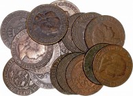 Monarquía Española
 Isabel II
 5 Céntimos de Escudo. AE. Lote de 17 monedas. 1867 (8) y 1868 (9). BC a RC-.