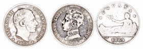 La Peseta
 Lotes de Conjunto
 50 Céntimos. AR. Lote de 3 monedas. 1869, 1904 y 10 Centavos 1885. BC+.