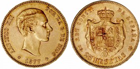 La Peseta
 Alfonso XII
 25 Pesetas. AV. 1877 *18-77 DEM. 8.06g. Cal.3. MBC+/EBC-.