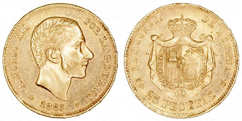 La Peseta
 Alfonso XII
 25 Pesetas. AV. 1885 *18-85 MSM. 8.09g. Cal.20. Marqui...