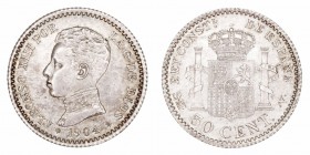La Peseta
 Alfonso XIII
 50 Céntimos. AR. 1904 *0-4 SMV. 2.47g. Cal.61. Conserva restos de brillo original. EBC+/SC-.