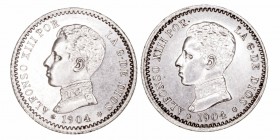 La Peseta
 Alfonso XIII
 50 Céntimos. AR. 1904 *0-4 SMV. Lote de 2 monedas. Cal.61. EBC+ a EBC.