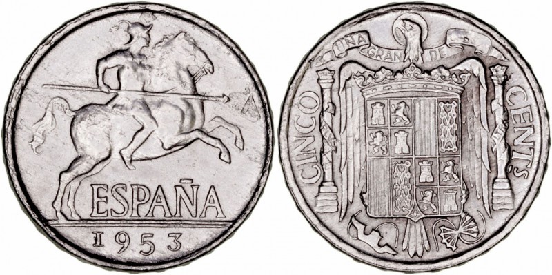 La Peseta
 Estado Español
 5 Céntimos. Aluminio. 1953. Cal.134. Hojita en anve...