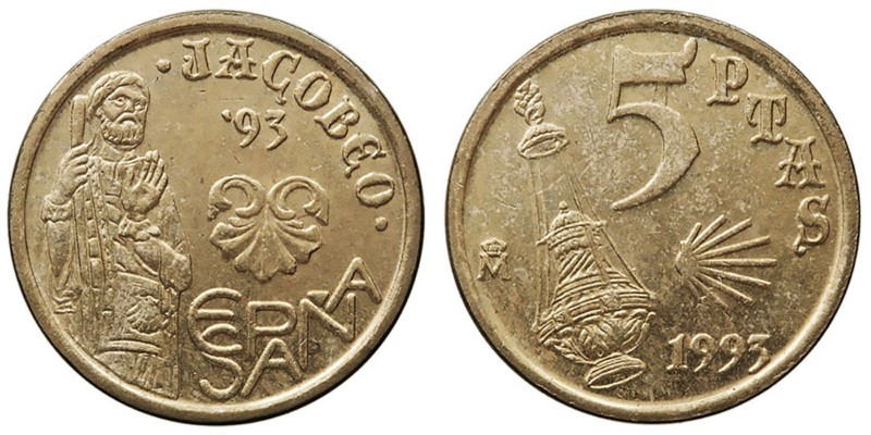 La Peseta
 Juan Carlos I
 5 Pesetas. AE. 1993. Exceso de metal en el 5 y en la...
