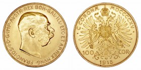 Monedas Extranjeras
 Austria Francisco José I
 100 Coronas. AV. 1915. Reacuñación oficial. 33.87g. KM.2819. SC-.