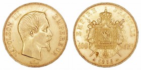 Monedas Extranjeras
 Francia Napoleón III
 100 Francos. AV. 1858 A. 32.18g. KM.786,1. Golpecito en canto y marca en reverso. MBC.