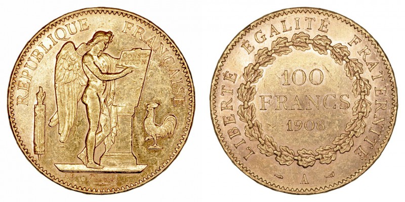 Monedas Extranjeras
 Francia 
 100 Francos. AV. 1908 A. 32.27g. KM.858. Ligera...