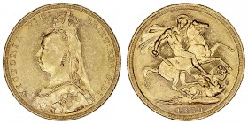 Monedas Extranjeras
 Gran Bretaña Victoria
 Soberano. AV. Melburne. 1889 M. 7.99g. KM.10. Restos de brillo. EBC+.