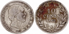 Monedas Extranjeras
 Holanda Federico Guillermo III
 10 Cents. AR. 1862. 1.34g. KM.80. Mancha en reverso. BC+.