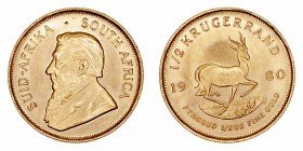 Monedas Extranjeras
 Sudáfrica 
 1/2 Krugerrand. AV. 1980. 16.99g. KM.107. SC.
