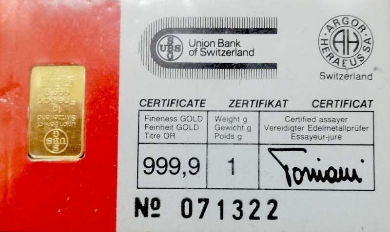 Medallas
 Lingotito de 1 g. Certificado UBS (Suiza) 999,9 oro fino. En estuche ...