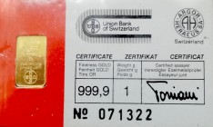 Medallas
 Lingotito de 1 g. Certificado UBS (Suiza) 999,9 oro fino. En estuche termosellado. SC.