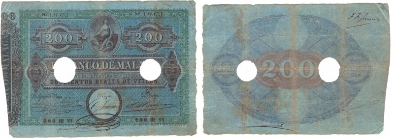 Billetes
 Banco de Málaga
 200 Reales de vellón. Fecha R.O. 24 Septiembre 1856...