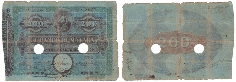 Billetes
 Banco de Málaga
 200 Reales de vellón. Fecha R.O. 24 Septiembre 1856...