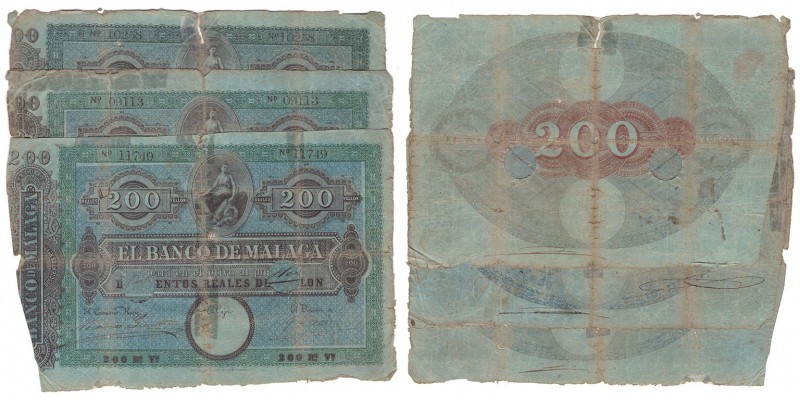 Billetes
 Banco de Málaga
 200 Reales de vellón. Lote de 3 billetes. Fecha R.O...