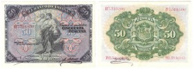 Billetes
 Banco de España
 50 Pesetas. 24 septiembre 1906. Serie B. Con sello en seco de la República Española. ED.337 (315). Restaurado. Escaso. MB...