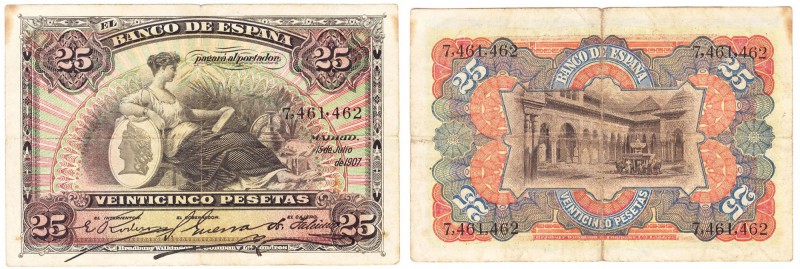 Billetes
 Banco de España
 25 Pesetas. 15 julio 1907. Sin serie. ED.318. BC+/B...