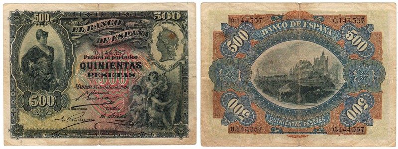 Billetes
 Banco de España
 500 Pesetas. 15 julio 1907. Sin serie. ED.321. Algo...