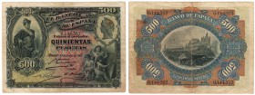 Billetes
 Banco de España
 500 Pesetas. 15 julio 1907. Sin serie. ED.321. Algo sucio, manchita del tiempo y puntito de aguja. Escaso. BC.