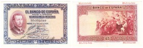 Billetes
 Banco de España
 25 Pesetas. 12 octubre 1926. Serie B. ED.325a. Muy buen ejemplar. Muy escaso así. EBC-/MBC+.