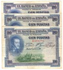 Billetes
 Estado Español, Banco de España
 100 Pesetas. 1 julio 1925. Lote de 3 billetes. Serie A, B y C. Todos con resello en seco ESTADO ESPAÑOL ·...