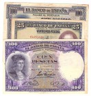 Billetes
 Guerra Civil-Zona Republicana, Banco de España
 Lote de 3 billetes. 25 Pesetas 1928, 100 Pesetas 1925 y 1931. MBC- a BC-.