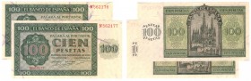Billetes
 Estado Español, Banco de España
 100 Pesetas. Burgos, 21 noviembre 1936. Serie N. Pareja correlativa. ED.421a. Muy buenos ejemplares. EBC+...