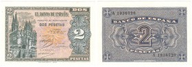 Billetes
 Estado Español, Banco de España
 2 Pesetas. Burgos, 12 octubre 1937. Serie A. ED.426. Raro así. SC.