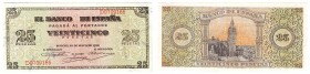 Billetes
 Estado Español, Banco de España
 25 Pesetas. Burgos, 20 mayo 1938. Serie D. ED.430a. Lavado y planchado. EBC.