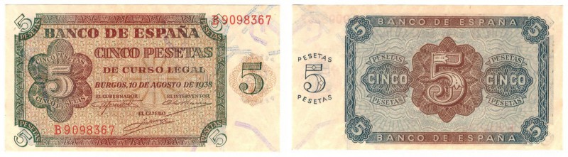 Billetes
 Estado Español, Banco de España
 5 Pesetas. Burgos, 10 agosto 1938. ...