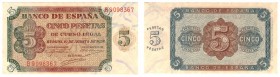 Billetes
 Estado Español, Banco de España
 5 Pesetas. Burgos, 10 agosto 1938. Serie B. ED.435a. Gran ejemplar. Muy escaso así. SC.
