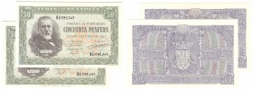 Billetes
 Estado Español, Banco de España
 50 Pesetas. 9 enero 1940. Serie E. Pareja correlativa. ED.437a. Uno de ellos con una pequeña manchita del...