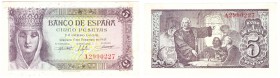 Billetes
 Estado Español, Banco de España
 5 Pesetas. 13 febrero 1943. Serie A. ED.446a. Alguna manchita del tiempo en márgenes. EBC-.