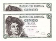 Billetes
 Estado Español, Banco de España
 5 Pesetas. 5 marzo 1948. Serie K. Lote de 2 billetes. ED.455a. SC.