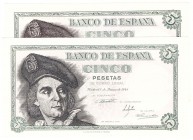 Billetes
 Estado Español, Banco de España
 5 Pesetas. 5 marzo 1948. Serie I. Lote de 2 billetes. ED.455a. SC.
