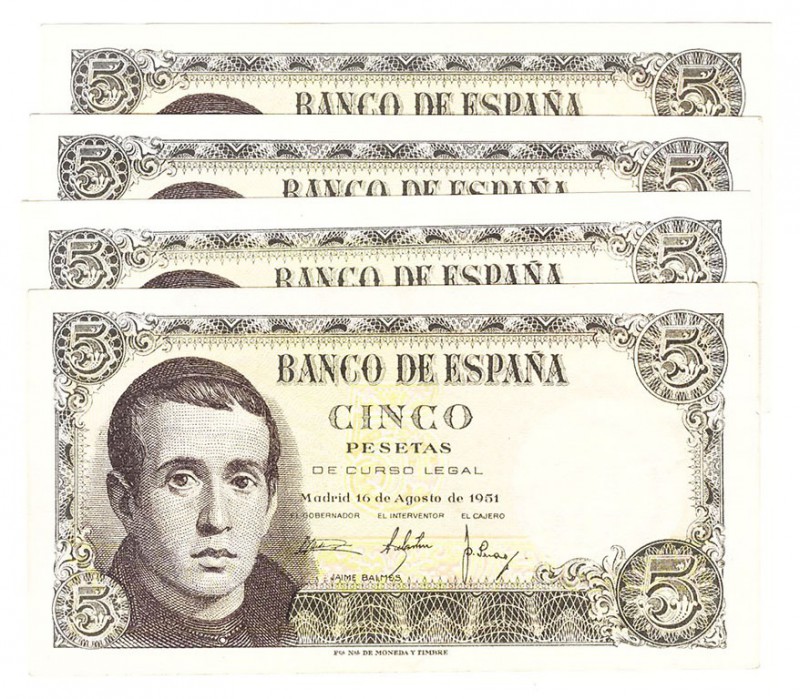Billetes
 Estado Español, Banco de España
 5 Pesetas. 16 agosto 1951. Serie 1E...
