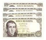 Billetes
 Estado Español, Banco de España
 5 Pesetas. 16 agosto 1951. Serie 1E. Lote de 4 billetes. ED.459a. EBC a MBC-.
