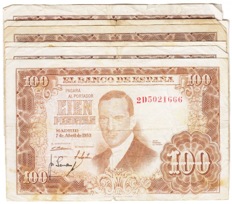 Billetes
 Estado Español, Banco de España
 100 Pesetas. 7 abril 1953. Lote de ...