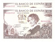 Billetes
 Estado Español, Banco de España
 100 Pesetas. 19 noviembre 1965. Serie M. Pareja correlativa. ED.470a. SC.