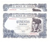 Billetes
 Estado Español, Banco de España
 500 Pesetas. 23 julio 1971. Sin serie. Lote de 2 billetes. ED.473. Ejemplares restaurados. EBC-.