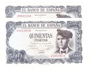 Billetes
 Estado Español, Banco de España
 500 Pesetas. 23 julio 1971. Serie J. Lote de 2 billetes. ED.473a. Uno con ligera mancha del tiempo. SC.