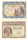 Billetes
 Estado Español, Banco de España
 1 Peseta. Lote de 2 billetes. Abril 1938 y Junio 1940. Serie D y A. MBC- a BC+.