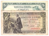 Billetes
 Estado Español, Banco de España
 5 Pesetas. Lote de 2 billetes. 1945 y 1954. Sin serie. BC.