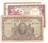 Billetes
 Estado Español, Banco de España
 100 Pesetas. Lote de 3 billetes. 1940, 1953 y 1969 (100 Pesetas Guineanas). MBC- a RC.