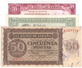 Billetes
 Estado Español, Banco de España
 Lote de 3 billetes. 50 Pesetas 1936 serie A, 1940 serie B y 1951 serie B. MBC.