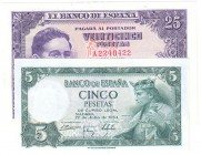 Billetes
 Estado Español, Banco de España
 Lote de 2 billetes. 5 y 25 Pesetas 1954. Ambos con numeración capicúa. Curioso. EBC+.