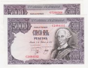 Billetes
 Juan Carlos I, Banco de España
 5000 Pesetas. 6 febrero 1976. Lote de 2 billetes. Serie C y G. ED.475a. EBC.