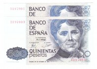 Billetes
 Juan Carlos I, Banco de España
 500 Pesetas. 23 octubre 1979. Sin serie. Lote de 2 billetes. ED.476. Arruga lateral. SC-.