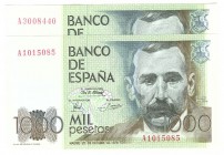 Billetes
 Juan Carlos I, Banco de España
 1000 Pesetas. 23 octubre 1979. Serie A. Lote de 2 billetes. ED.477a. SC.