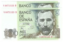 Billetes
 Juan Carlos I, Banco de España
 1000 Pesetas. 23 octubre 1979. Serie V-D. Pareja correlativa. ED.477a. SC.